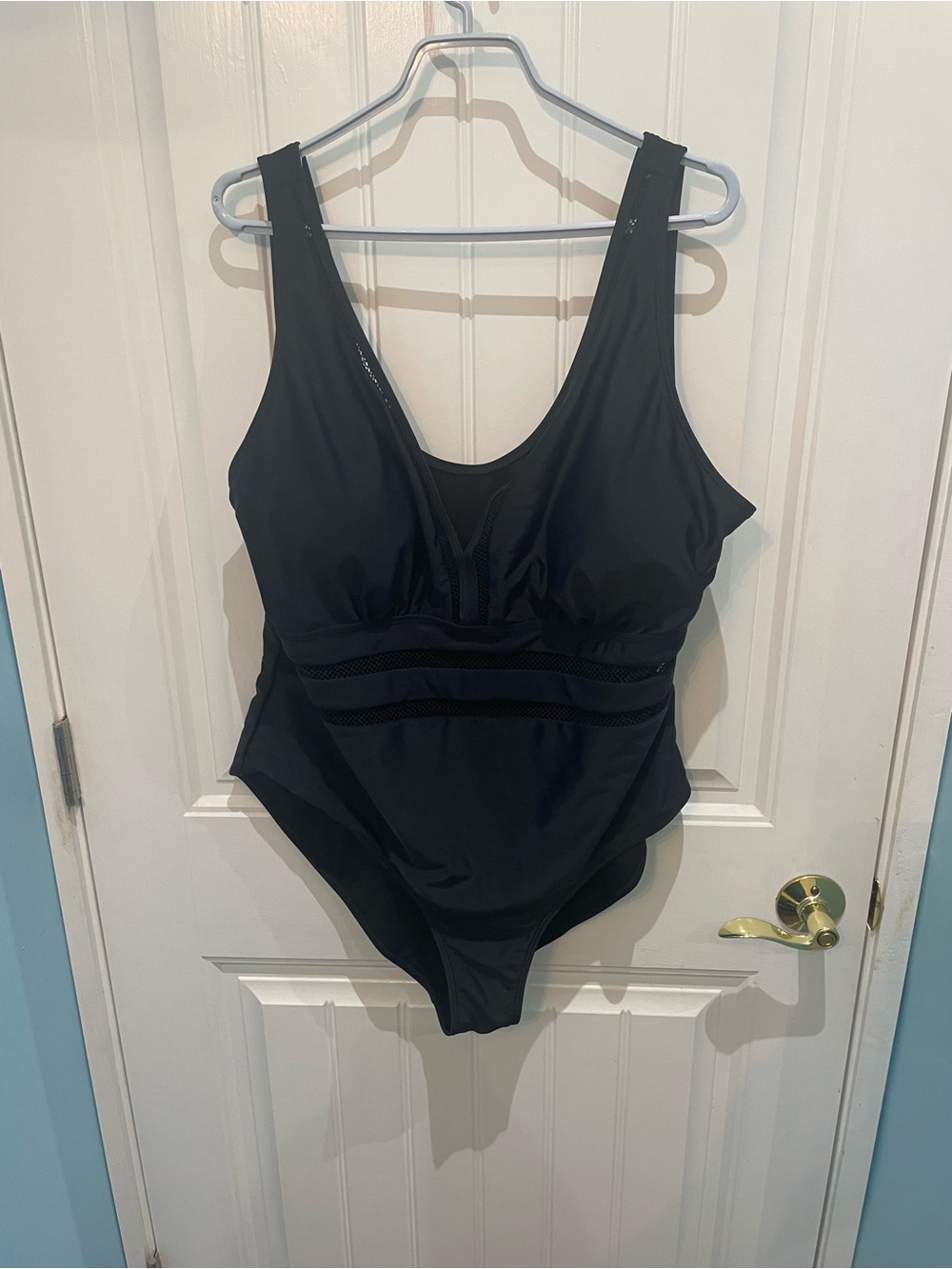 Women's Black One-Piece Swimsuit with Mesh Waist Detail